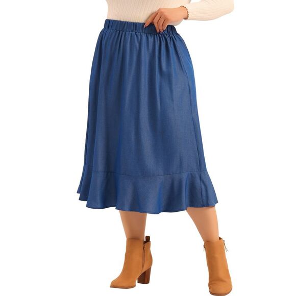 Plus Size Midi Skirt Elastic Waist Denim Tiered Pleated Hem Chambray Skirts Blue - Picture 2 of 6